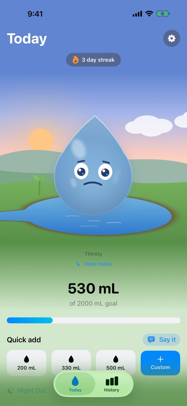 HydroDrop's Today screen, with the droplet mascot and today's progress toward the goal